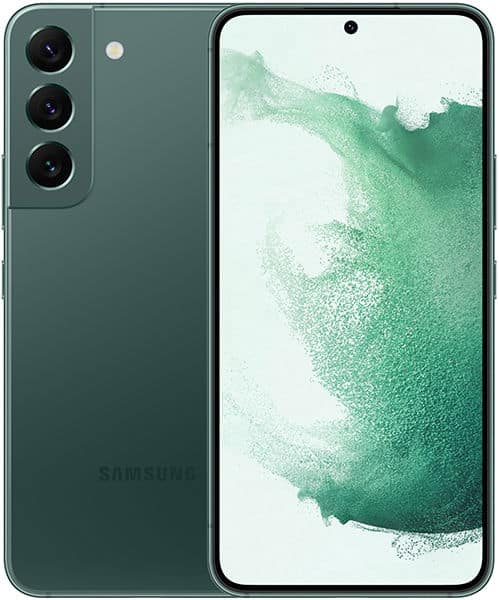 Samsung Galaxy S22 in green, front and rear views: triple rear cameras, front punch-hole camera, green abstract display.