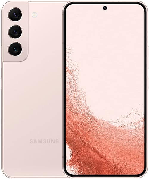 Samsung Galaxy S22 in light pink shown front and rear; triple rear cameras, slim-bezel display, and central hole-punch camera.