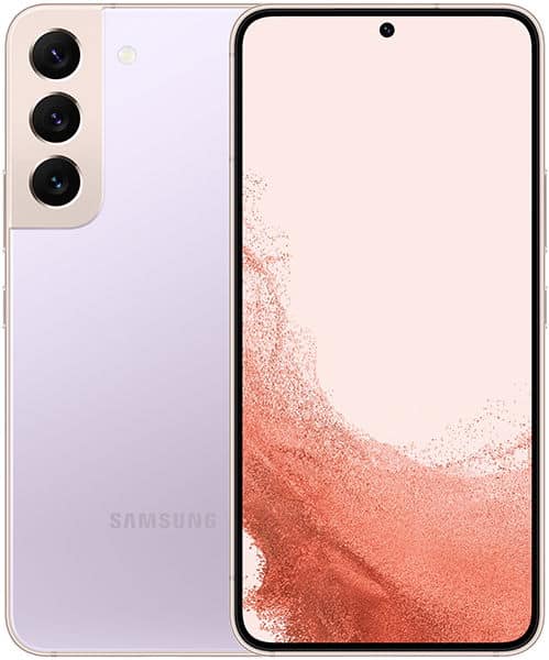 Lavender Samsung Galaxy S22 shown front and rear; triple vertical cameras on back, display shows peach-white abstract pattern.