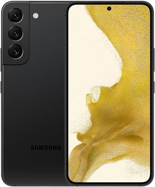 Samsung Galaxy S22 shown front and rear; rear has triple cameras, LED flash, logo. Front displays yellow/white abstract wallpaper.