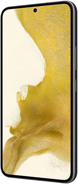 Front view of black Samsung Galaxy S22 with slim bezels, side buttons, and edge-to-edge display showing abstract yellow design.
