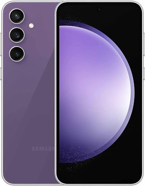 Purple Samsung Galaxy S23 FE shown front and rear; triple rear cameras, LED flash, and a purple-black gradient display screen.