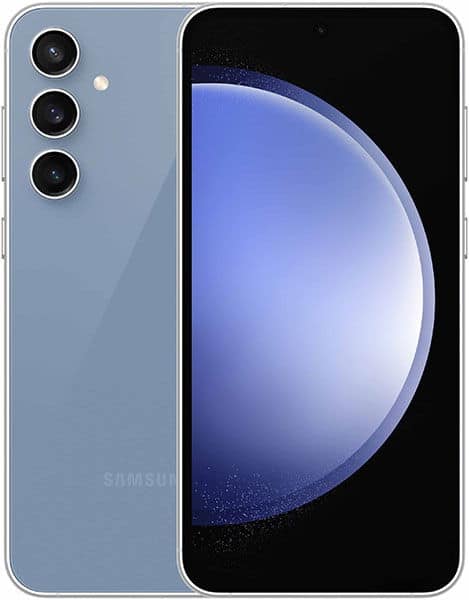 Samsung Galaxy S23 FE in light blue, shown front and rear; front displays a gradient screen, rear shows triple vertical cameras.