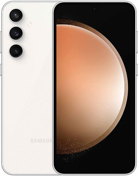 Rear and front views of white Samsung Galaxy S23 FE; triple vertical rear cameras, black screen with beige circle, faint logo.