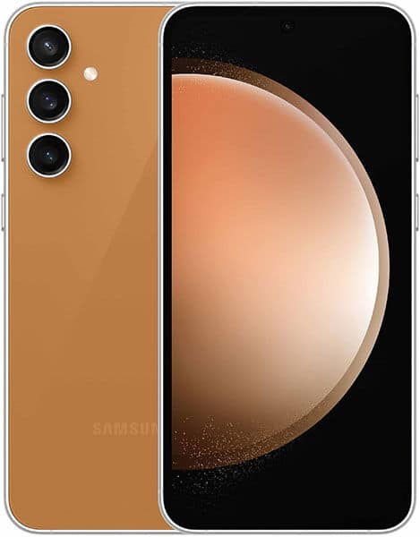 Samsung Galaxy S23 FE in gold, shown front and rear; rear with triple vertical cameras, front with circular graphic on display.