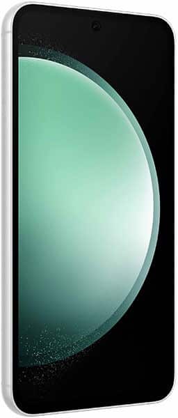 Samsung Galaxy S23 FE in white, shown from a front-side angle; display features green and white circular design, no buttons visible.