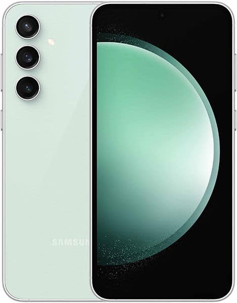 Samsung Galaxy S23 FE in light green, front view shows green gradient wallpaper; rear view has triple vertical cameras upper left.