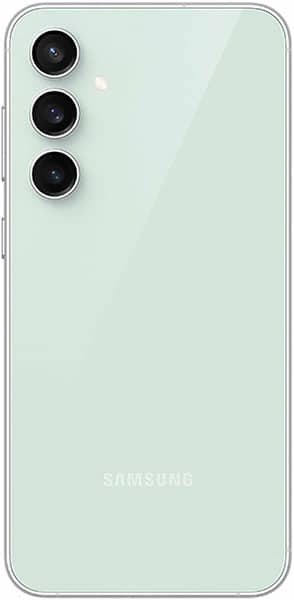 Rear view of light green Samsung Galaxy S23 FE with triple vertical cameras, LED flash upper left, and Samsung logo at bottom.