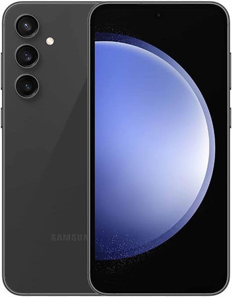 Samsung Galaxy S23 FE in black, front view with screen on (blue-white wallpaper), rear view shows triple vertical cameras.