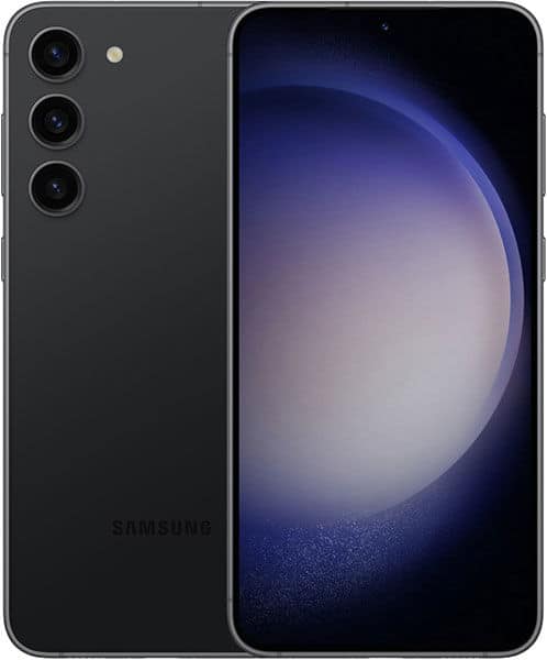 Samsung Galaxy S23+ in graphite, front and rear view showing triple rear camera array and display with blue gradient wallpaper