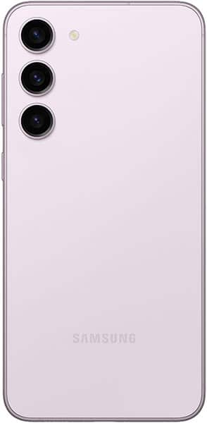 Samsung Galaxy S23+ rear view, lavender finish, with triple camera lens array on upper left and Samsung logo centered lower on back