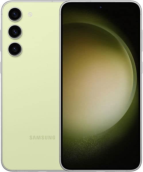 Samsung Galaxy S23+ in light green, rear view showing triple camera setup and front display with gradient wallpaper