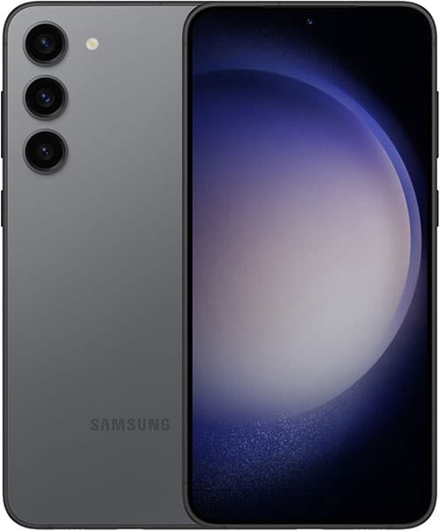Samsung Galaxy S23+ front and rear view, gray, showing triple camera setup and illuminated display with gradient wallpaper