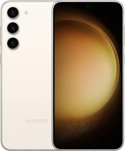 Samsung Galaxy S23+ front view, cream color, with triple rear camera setup and display showing golden gradient wallpaper