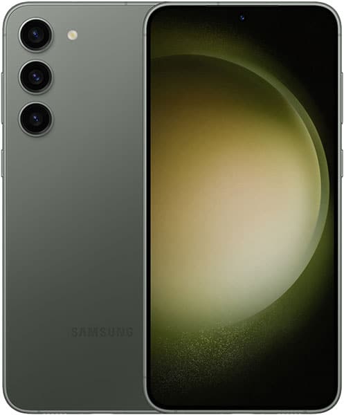 Samsung Galaxy S23+ front and rear view, showing green display wallpaper and triple rear camera setup on gray phone