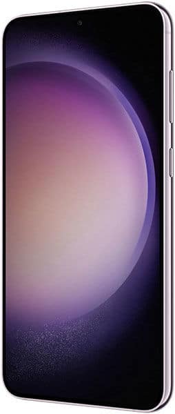Samsung Galaxy S23+ front view with display lit showing purple gradient wallpaper and black bezel edges