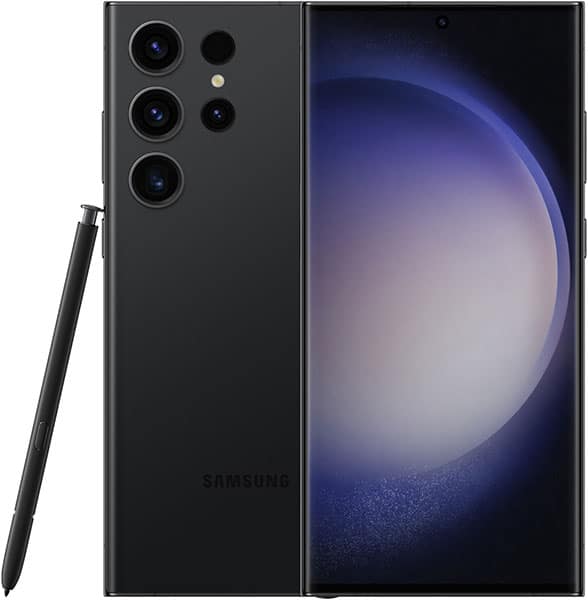 Samsung Galaxy S23 Ultra shown in side view; rear with four cameras and flash, front screen, black stylus alongside.