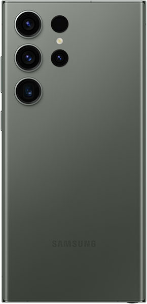 Rear view of matte green Samsung Galaxy S23 Ultra with four cameras, flash, and Samsung logo at the bottom.