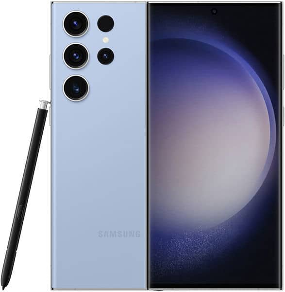 Samsung Galaxy S23 Ultra, rear and front view, light blue back with five-lens camera array and S Pen stylus, dark display screen visible