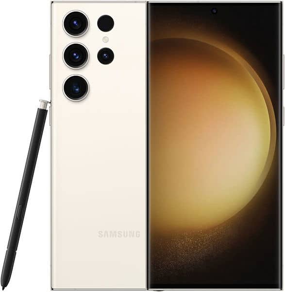 Samsung Galaxy S23 Ultra rear and front views, cream back, four cameras, S Pen beside, screen shows gold-brown abstract wallpaper.