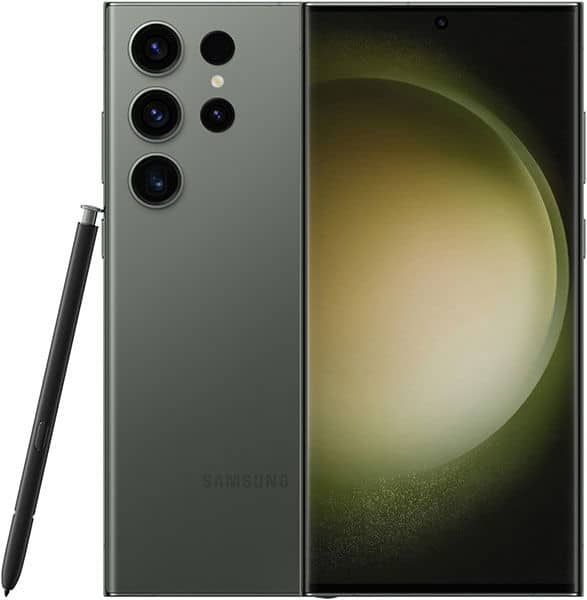 Front and rear view of green Samsung Galaxy S23 Ultra with four rear cameras and stylus; display shows abstract wallpaper.