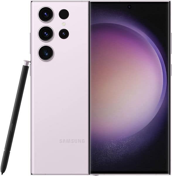 Lavender Samsung Galaxy S23 Ultra with S Pen, rear view showing four cameras and front display on with purple gradient wallpaper.