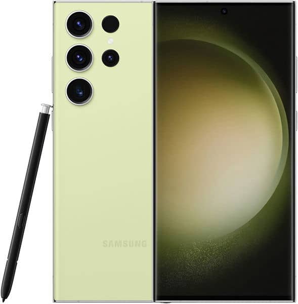 Samsung Galaxy S23 Ultra in light green shown front and rear with a black stylus; four rear cameras, screen on with abstract wallpaper.