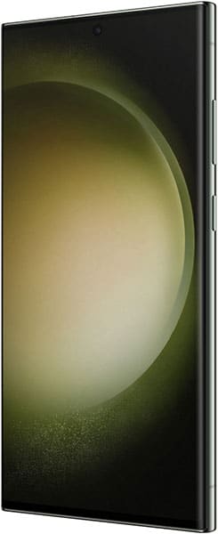 Samsung Galaxy S23 Ultra at angled side view, showing slim profile, thin bezels, centered front camera, and gradient display.