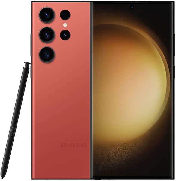 Samsung Galaxy S23 Ultra in red shown front and rear with S Pen; four rear cameras, flash, and circular abstract wallpaper on display.