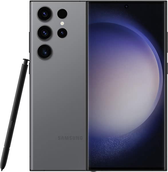 Samsung Galaxy S23 Ultra in graphite, front and rear views; screen shows circular graphic, back has four cameras, S Pen beside.