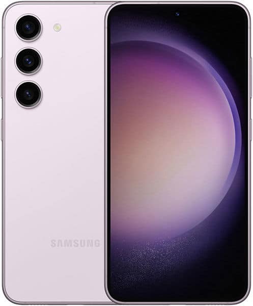 Samsung Galaxy S23 in lavender, front view with purple gradient display; rear shows triple cameras and Samsung logo at the bottom.