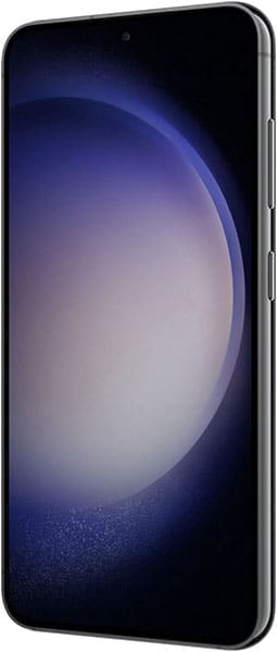 Front view of Samsung Galaxy S23, black frame, rounded edges, blue-purple screen pattern, two right-side buttons visible.