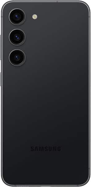 Rear view of black Samsung Galaxy S23, showing triple vertical cameras, top left flash, and Samsung logo at the bottom.