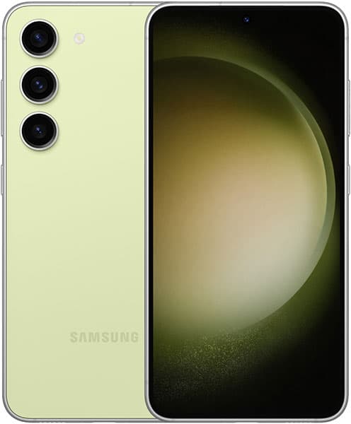 Samsung Galaxy S23 in light green, front and rear view; triple vertical cameras on back, gradient wallpaper on front display.