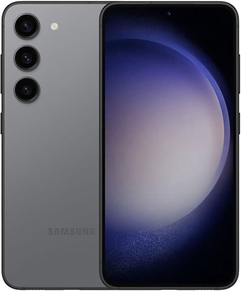 Samsung Galaxy S23 in graphite, rear view showing triple vertical cameras, front display on with blue-purple abstract wallpaper.
