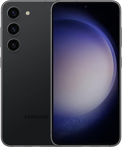 Samsung Galaxy S23 in black shown front and rear; rear has three vertical cameras, LED flash; front displays abstract circular design.