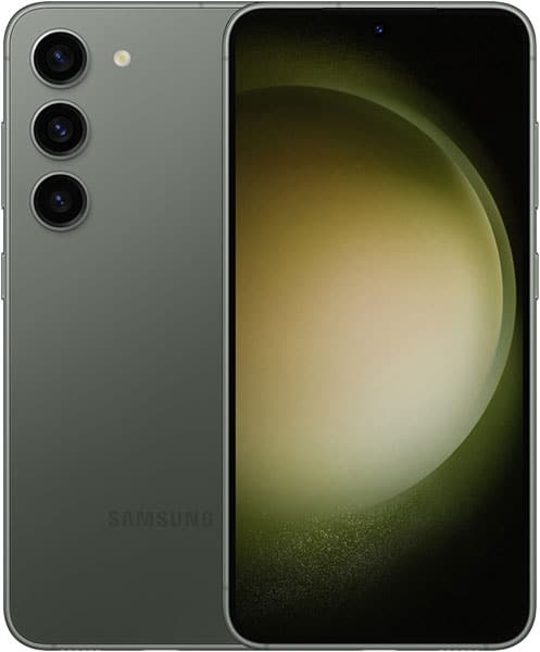 Front and rear views of green Samsung Galaxy S23; triple vertical cameras on back, large front screen with gradient design.