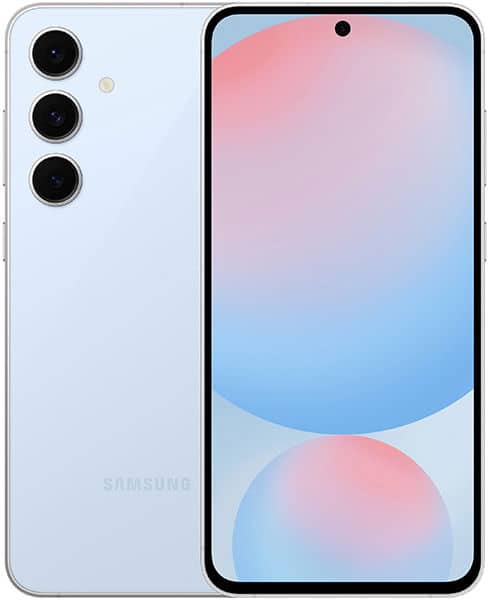 Samsung Galaxy S24 FE in light blue shown front and rear; triple rear cameras left, display shows pastel pink and blue circles.