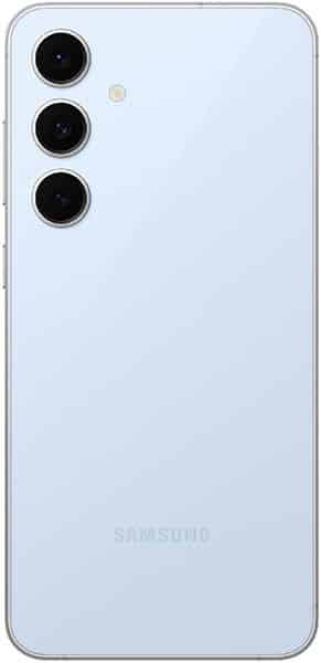 Rear view of white Samsung Galaxy S24 FE with triple vertical cameras, corner flash, and Samsung logo centered at the bottom.