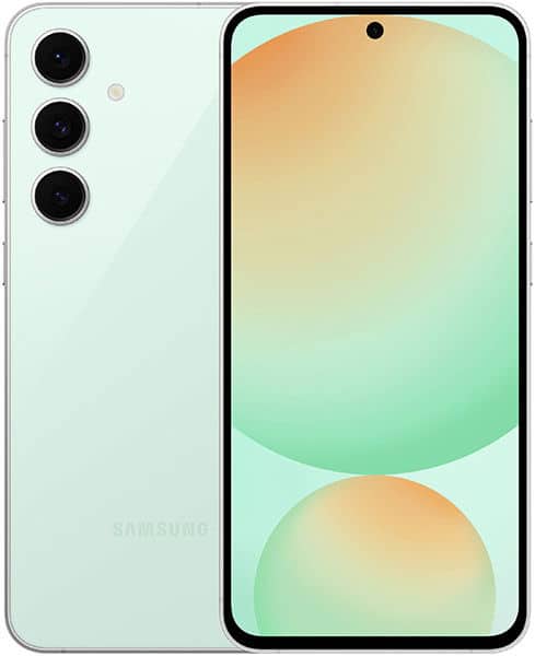 Samsung Galaxy S24 FE front and rear views; rear has triple vertical cameras and logo, front shows display with pastel graphics.