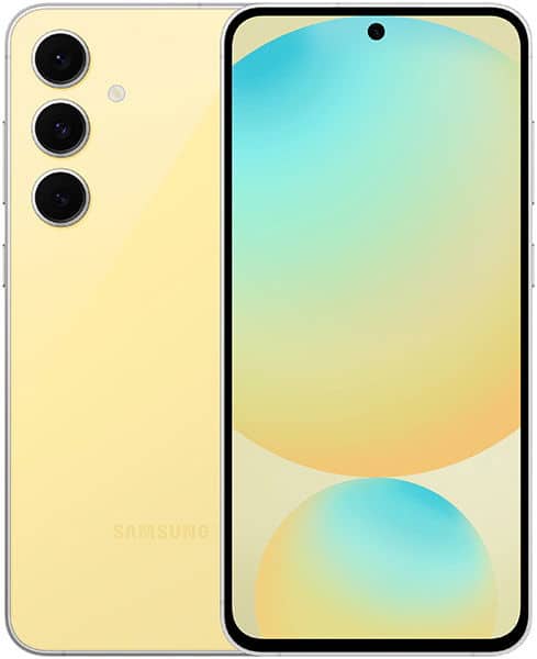 Yellow Samsung Galaxy S24 FE shown front and rear; front has minimal bezels, rear has triple cameras in vertical alignment.
