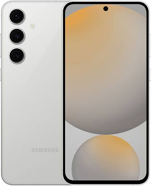 Samsung Galaxy S24 FE in white, front and rear view; triple rear cameras vertically aligned, abstract circles on display.