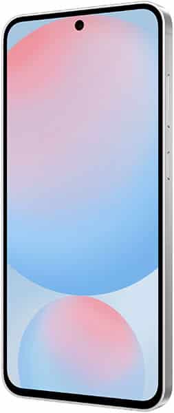 Samsung Galaxy S24 FE front view with side buttons on right edge, displaying pastel blue and pink abstract wallpaper.