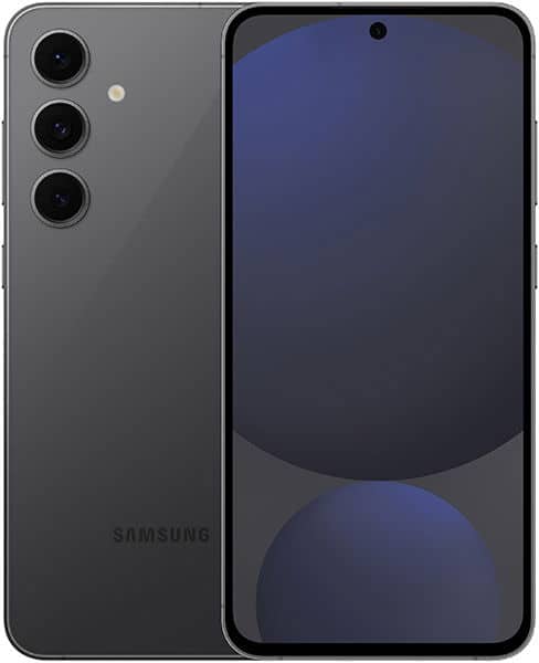 Samsung Galaxy S24 FE shown front and back: black finish, triple rear cameras vertical, edge-to-edge screen, centered punch-hole.