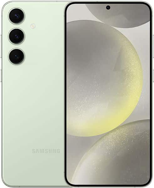 Samsung Galaxy S24+ front and rear views, light green finish, triple rear camera setup, display showing abstract yellow and white design