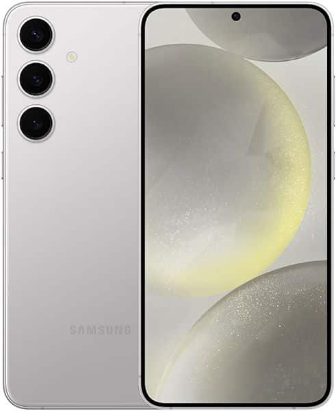 Samsung Galaxy S24+ front and rear view showing triple rear camera system and display screen with abstract yellow and gray design