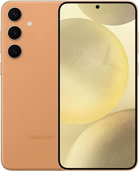 Samsung Galaxy S24+ in peach, front and rear view showing triple rear camera and display with abstract yellow and beige wallpaper