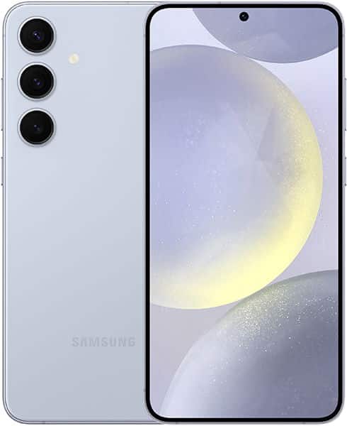 Samsung Galaxy S24+ front and rear view, silver finish, with triple rear camera system and display showing abstract moon and landscape wallpaper