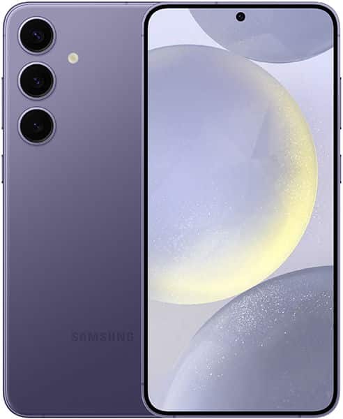 Samsung Galaxy S24+ front and rear view, purple finish with triple rear camera setup and display showing abstract moon and landscape wallpaper