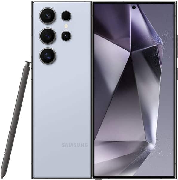 Samsung Galaxy S24 Ultra rear and front views, showing light blue back with five cameras and S Pen stylus, illuminated display with geometric wallpaper